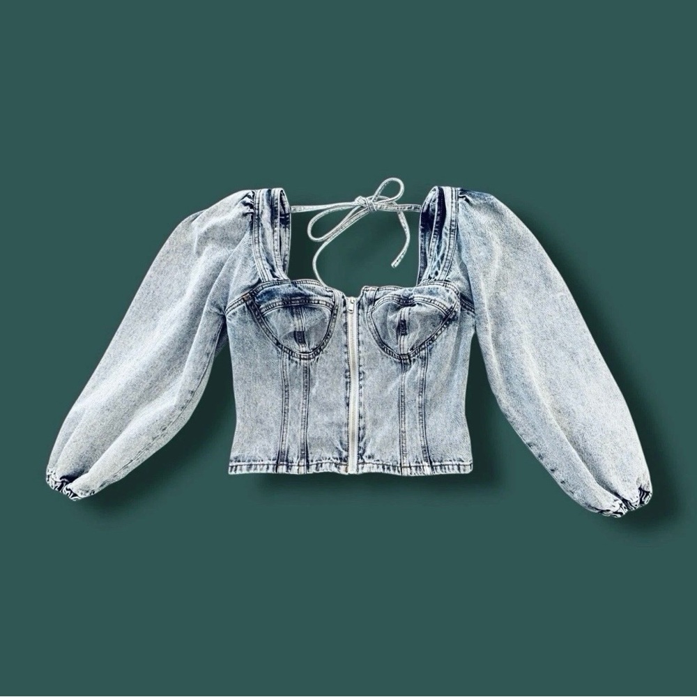 Acid Wash Denim Jean Corset Balloon Sleeve Top Blouse